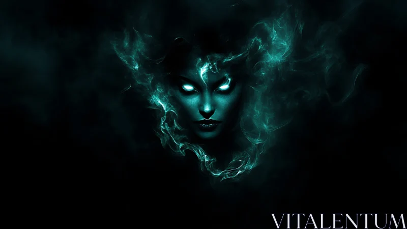 Spectral sorceress rising from teal smoke in midnight void.