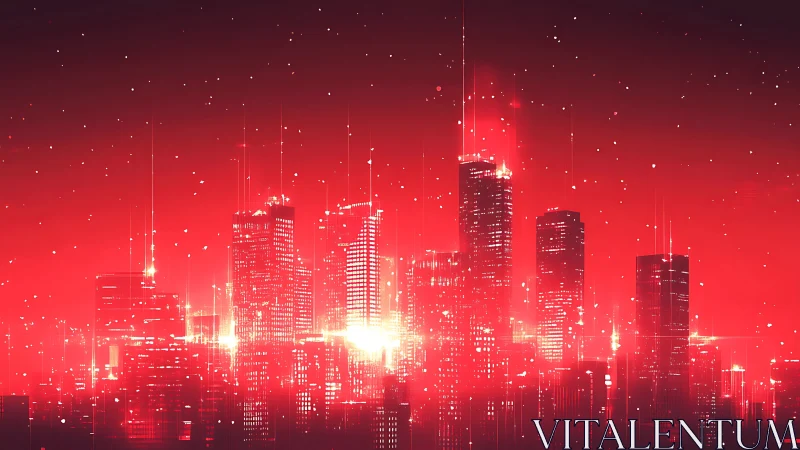 Neon red cyberpunk skyline shimmers under a digital night haze