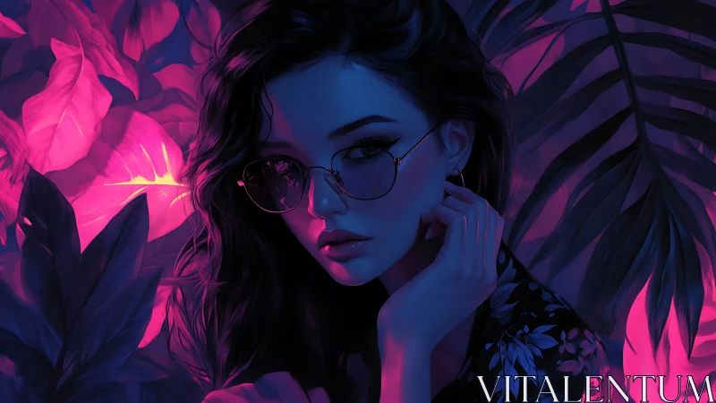 Neon jungle portrait casts cool cyan and magenta glow.