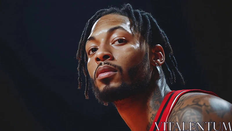 Strong basketball player gazes upward with calm confidence