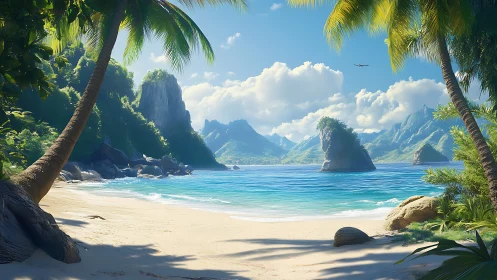 Turquoise Paradise Framed by Ancient Palms and Towering Peaks.