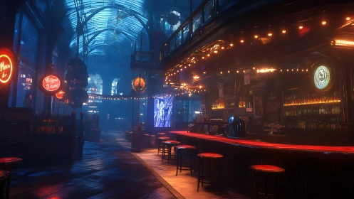 Neon lit vaulted bar interior with volumetric fog and moody depth
