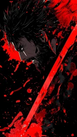 Brooding bladebearer carved from shadow and scarlet storm.