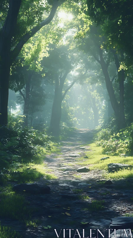 Forest path with canopy filter and stream bed