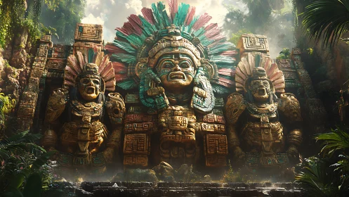 Stone monumental figures stand before dense jungle vegetation
