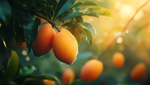 Sunlit mangoes linger in dewdrop-sparkled morning hush