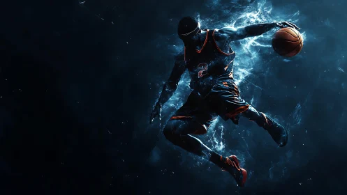 Dynamic neon-lit basketball dunk rendered in kinetic digital art