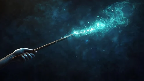 Mystic wand casts glowing teal spell over dark void.