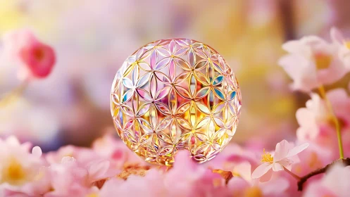 Shimmering crystal sphere glows gently among soft spring blooms