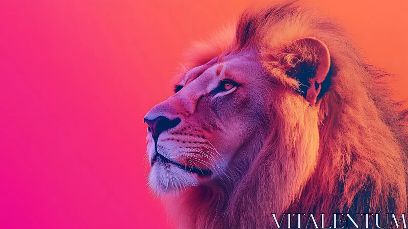 Profile portrait of lion against gradient neon background.