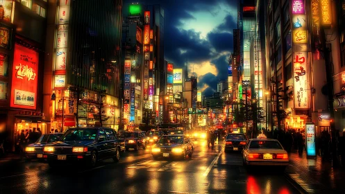 Dense urban street shows illuminated signage and wet roadway