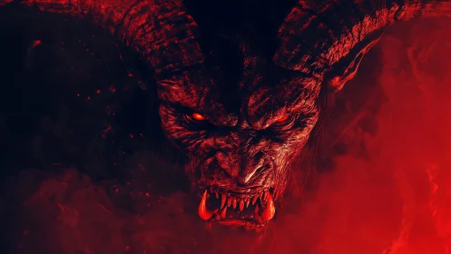 Demonic horned beast emerging from red infernal smoke.