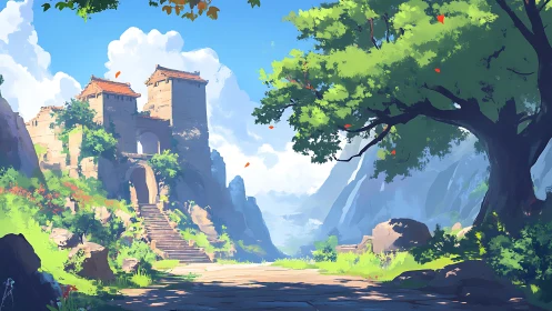 Sunlit mountain gate quietly invites daydreaming travelers