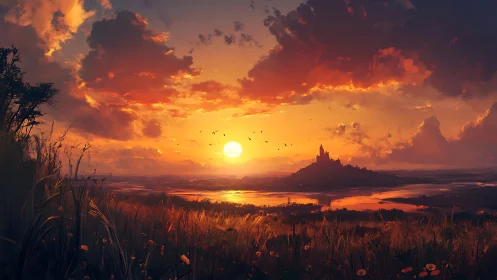 Sunset kingdom overlooks glowing river wetlands horizon.