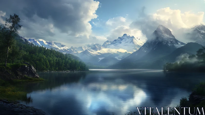 Mountain lake mirrors stormlit peaks and emerald forest.