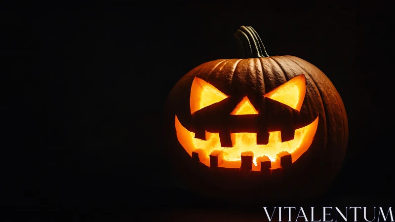 Jack-o-lantern glows in low-key cinematic Halloween lighting.