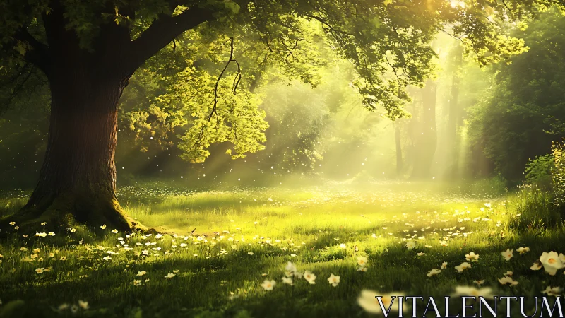 Sunlit Forest Glade with Wildflowers, Dreamy Nature Photography.