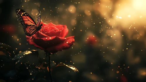 Monarch butterfly resting on dewy red rose at sunset.