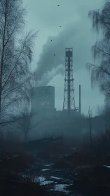 Quiet foggy factory path with moody evening smokestacks.