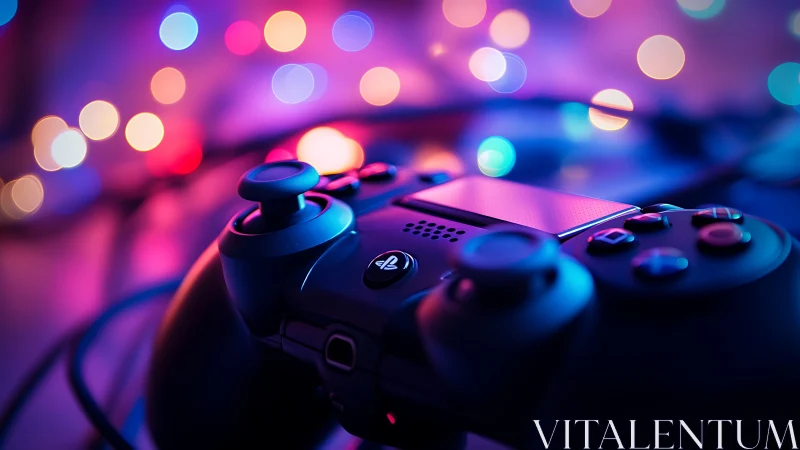 Game controller close-up under neon bokeh lights.