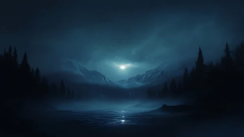 Midnight mountain lake under cold ethereal moonlight.