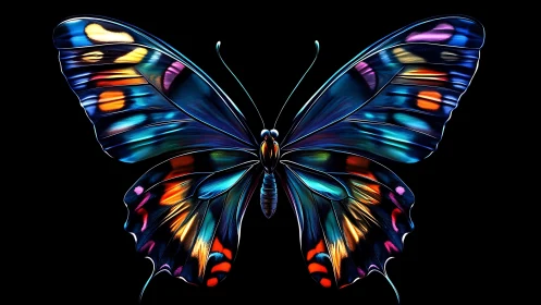 Chromatic night butterfly stretches neon wings into silence