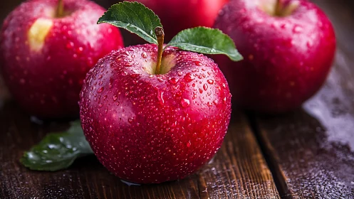 Ripe red apples glisten with fresh dew on rustic wood.