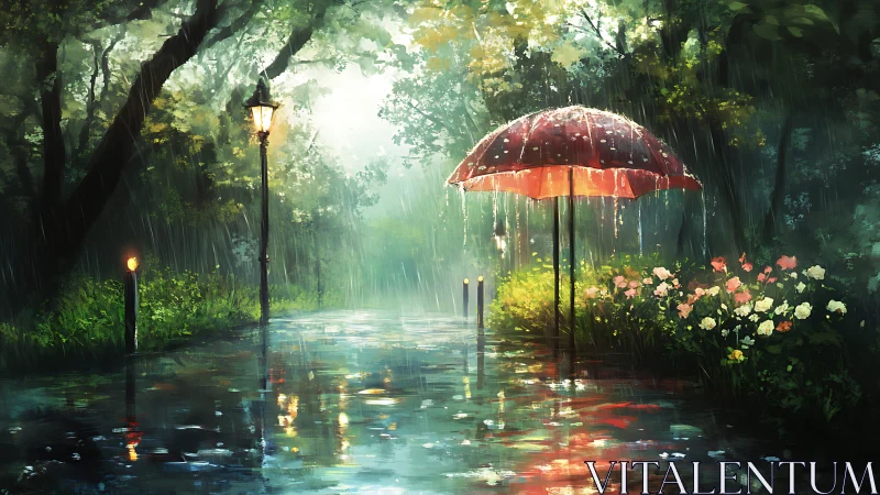 Red umbrella on rainy forest path with lamppost reflections.