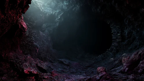 Rocky cavern interior with central dark circular opening.