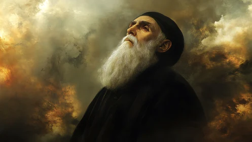 Elderly bearded man in dark robe looks upward in clouds