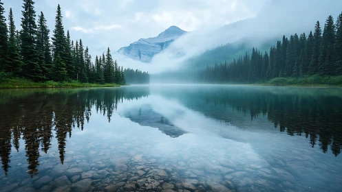 Mist-draped mountain mirrors itself in a glassy alpine lake