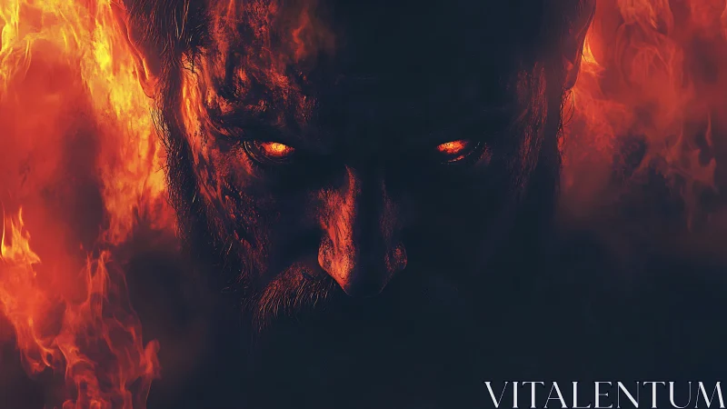 Demonic face emerges from darkness amid engulfing flames