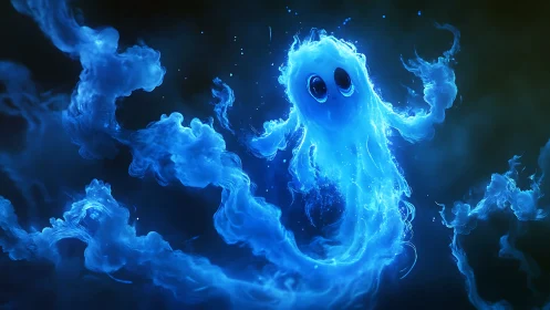 Luminescent plasma ghost forming within turbulent blue nebula.