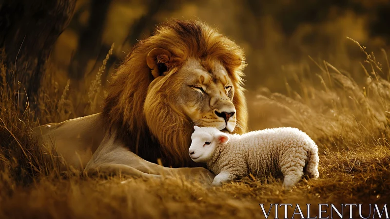 Lion rests beside lamb in uniformly warm-toned grassland