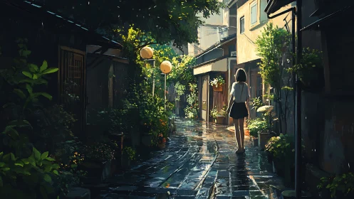 Girl walks alone through wet narrow alley lined with plants
