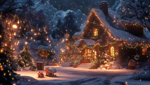 Snowlit cottage wrapped in twinkling Christmas wonder.