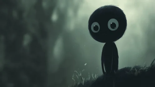 Melancholic black silhouette character in misty green forest