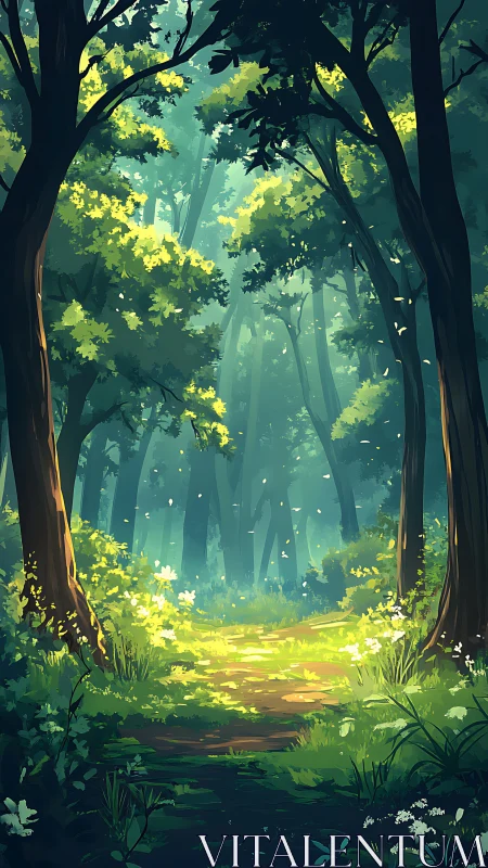 Illuminated Forest Pathway with Atmospheric Light Penetration.