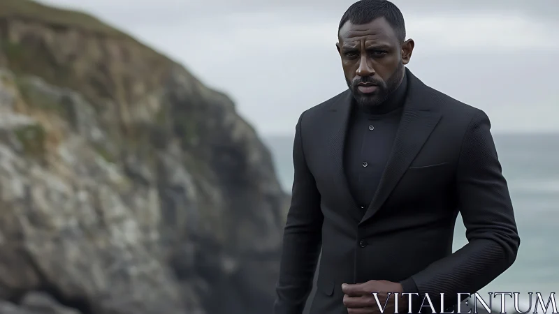 Man in black suit standing by rocky coastal cliffs.