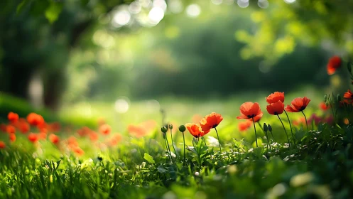 Red poppies bloom in sunlit garden with soft bokeh background.