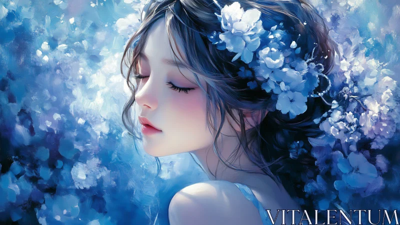 Dreamy girl in blue blossoms resting in quiet serenity.