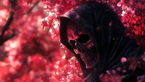 Hooded crimson reaper emerges amid glowing cherry blossoms