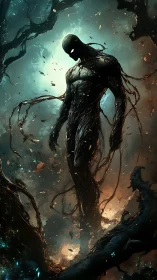 Voidborn arboreal entity in bioluminescent stormfield emergence.