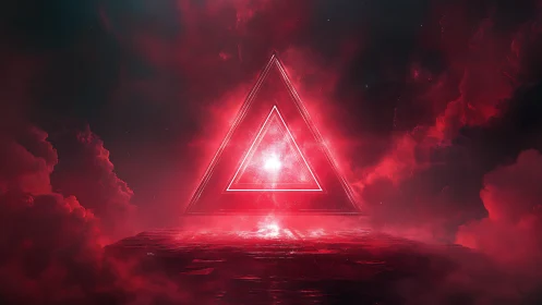 Luminous red triangular portal levitates above reflective cloud platform