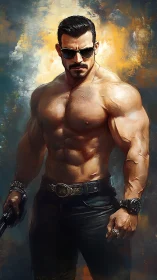 Sunlit enforcer strides from swirling paint and powder smoke