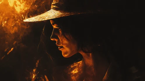 Side profile portrait of woman in hat with fiery lighting.