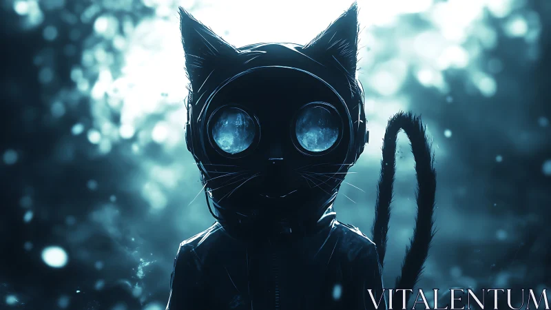 Cybernetic cat silhouette wears reflective goggles in mist