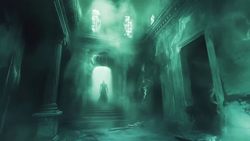 Spectral silhouette in volumetric fog within decayed hall.