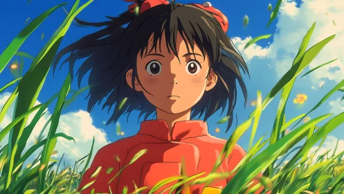 Anime girl in red shirt standing in tall green grass field.