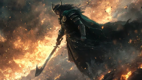 Armored warlord with scimitar advancing through explosive inferno.